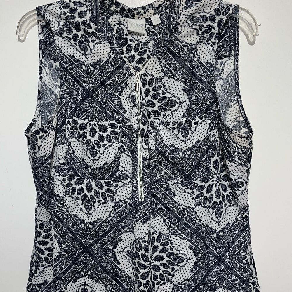 Soho New York & Company Women's Black White Paisley‎ Zip Sleeveless Blouse XL